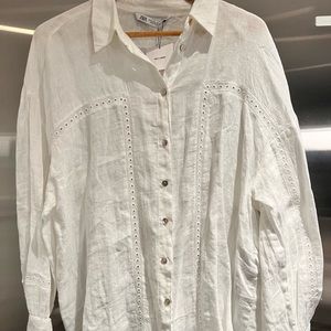 NWT Zara XL white linen button down top with accent